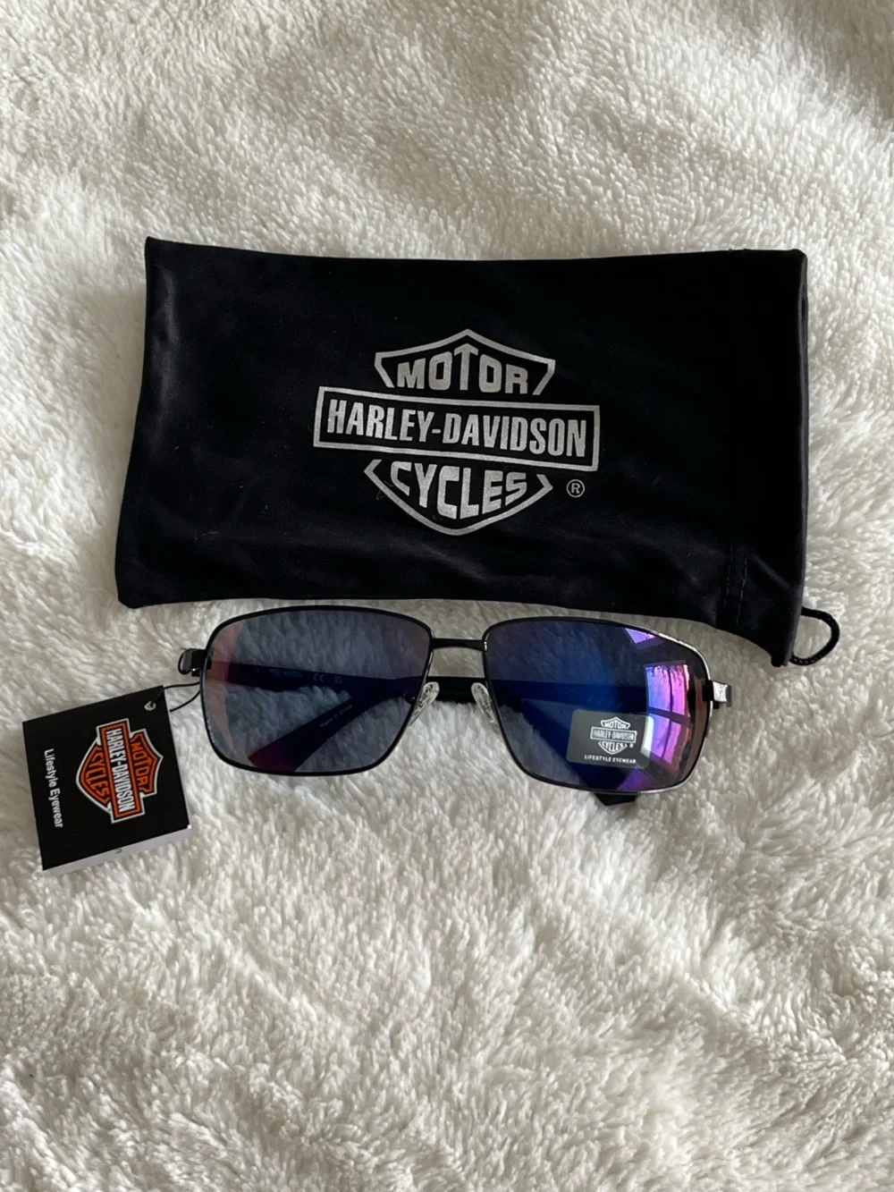 NWT Harley-Davidson Black Frame Sunglasses with Blue-Purple Reflective Lenses